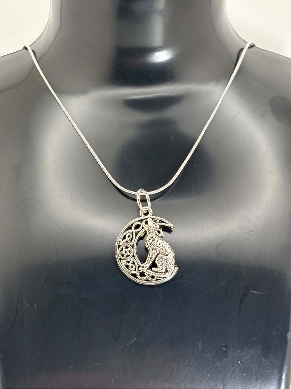 Silver Tone Wolf Moon Necklace on Stainless Steel Chain